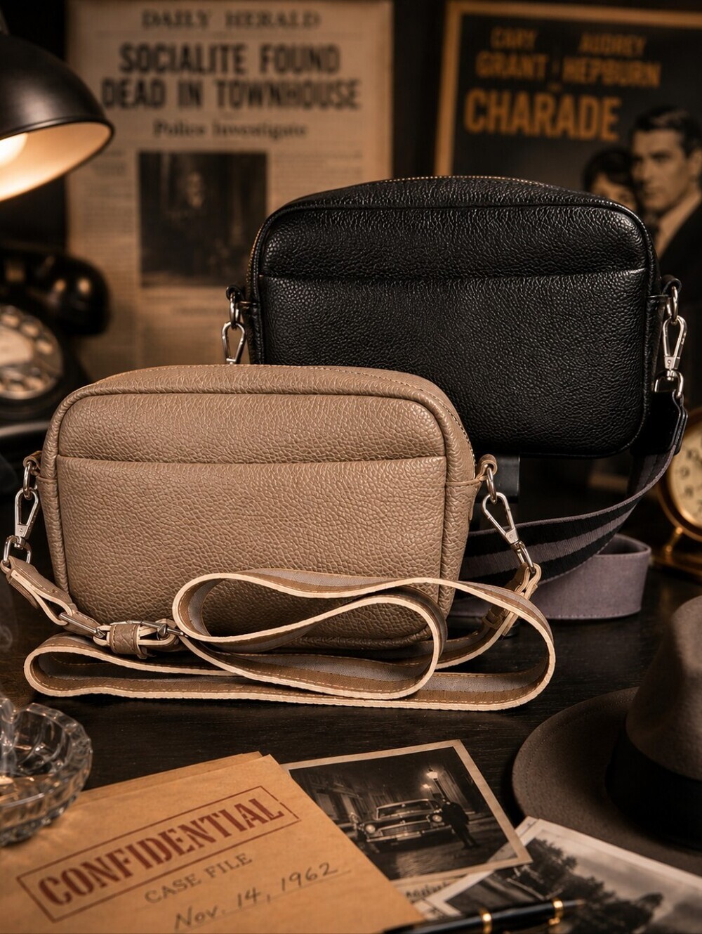 Set of 2 Vegan Leather Camera Crossbody Bags Black & Taupe Adjustable Straps
